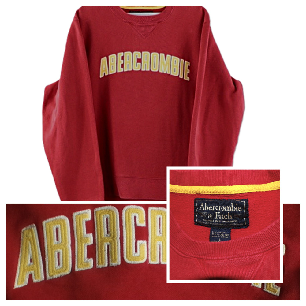 Y2K Abercrombie & Fitch Sweatshirt L Crewneck Red 3-D Yellow Raised Letters Vtg
